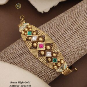Antique gold bracelet, Brass high gold designer bracelet, floral Indian bracelet, traditional wedding bracelet, ethnic enamel jewelry, bridal bracelet design, AD stone bracelet, handcrafted ethnic bangle, festive gold-toned bracelet